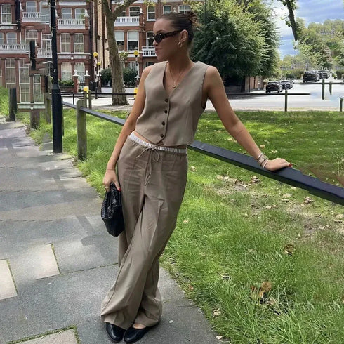 Women's Fashion Casual V-Neck Slim Fit Vest and Wide Leg Pants Set for Autumn Elegant Party Wear